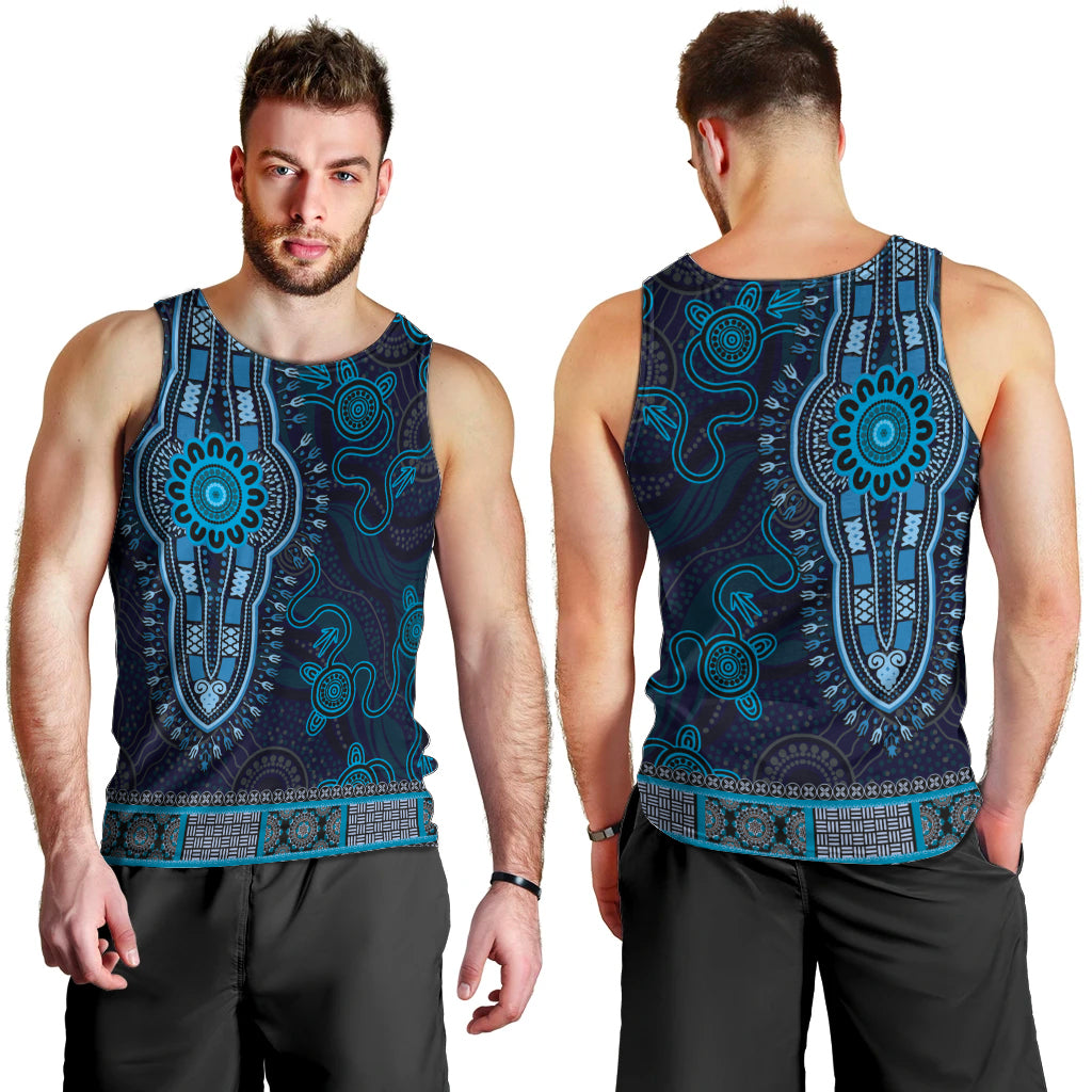 Blue African Dashiki With Australia Aboriginal Art Men Tank Top - Vibe Hoodie Shop