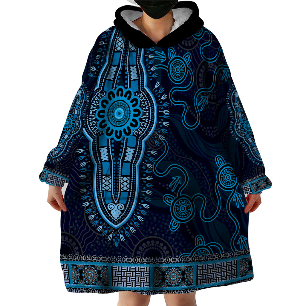 Blue African Dashiki With Australia Aboriginal Art Wearable Blanket Hoodie - Vibe Hoodie Shop