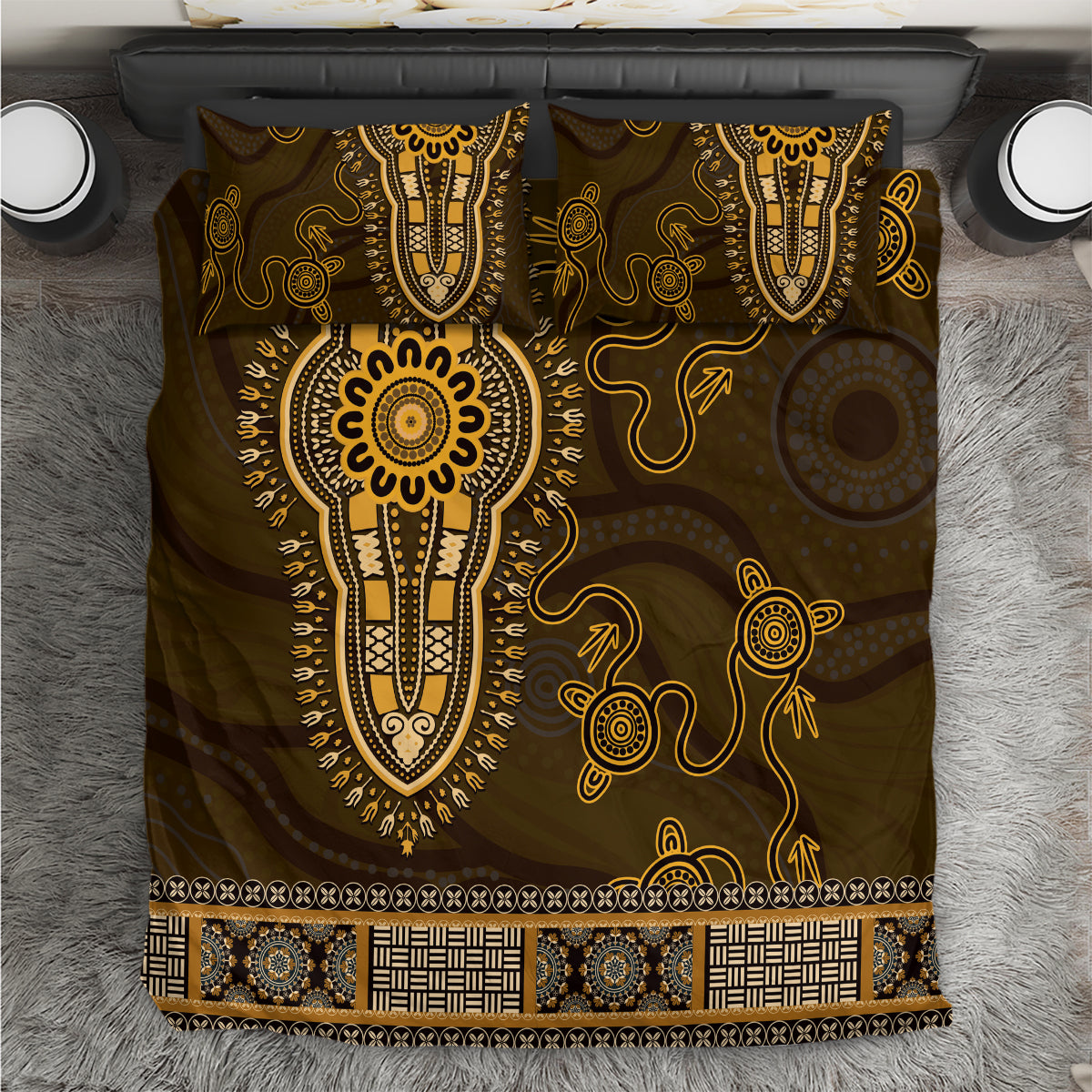 Gold African Dashiki With Australia Aboriginal Art Bedding Set - Vibe Hoodie Shop