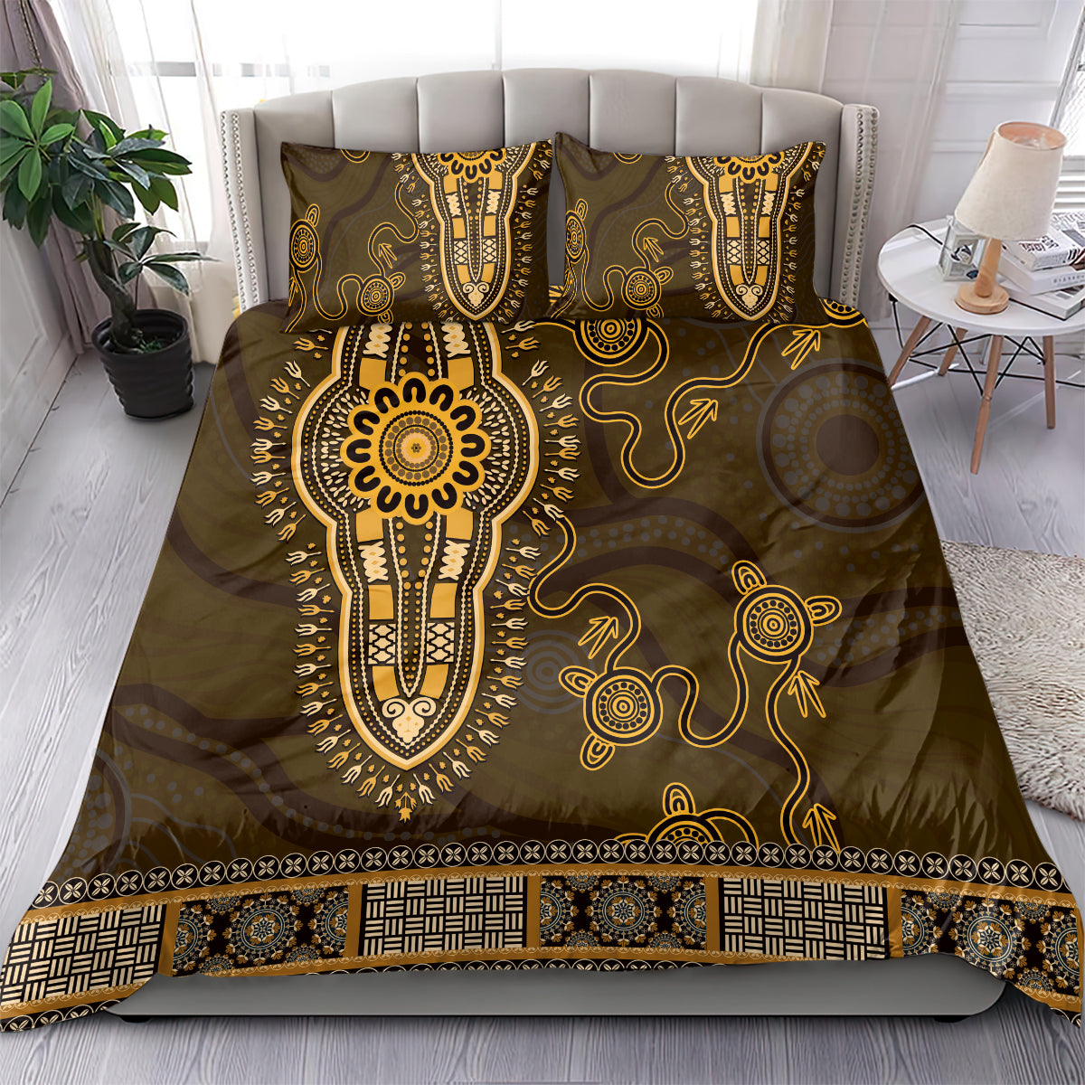 Gold African Dashiki With Australia Aboriginal Art Bedding Set - Vibe Hoodie Shop