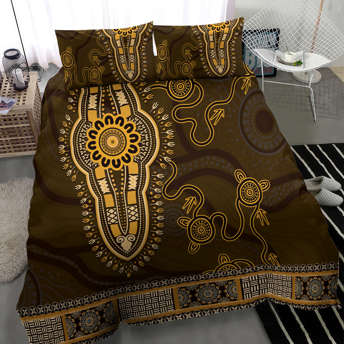 Gold African Dashiki With Australia Aboriginal Art Bedding Set - Vibe Hoodie Shop