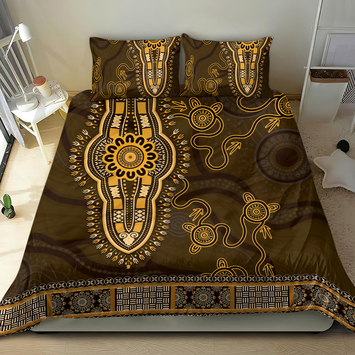 Gold African Dashiki With Australia Aboriginal Art Bedding Set - Vibe Hoodie Shop