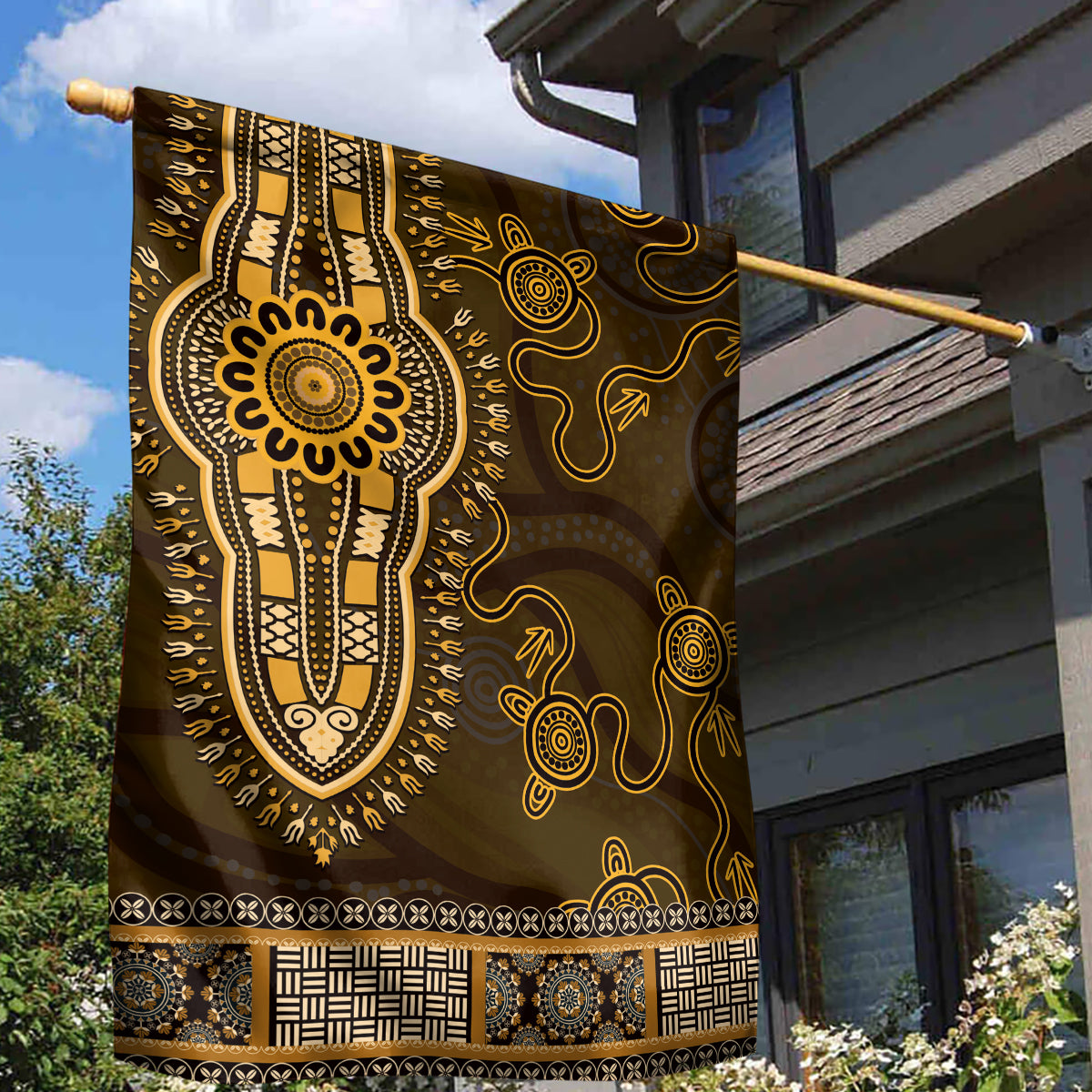 Gold African Dashiki With Australia Aboriginal Art Garden Flag - Vibe Hoodie Shop