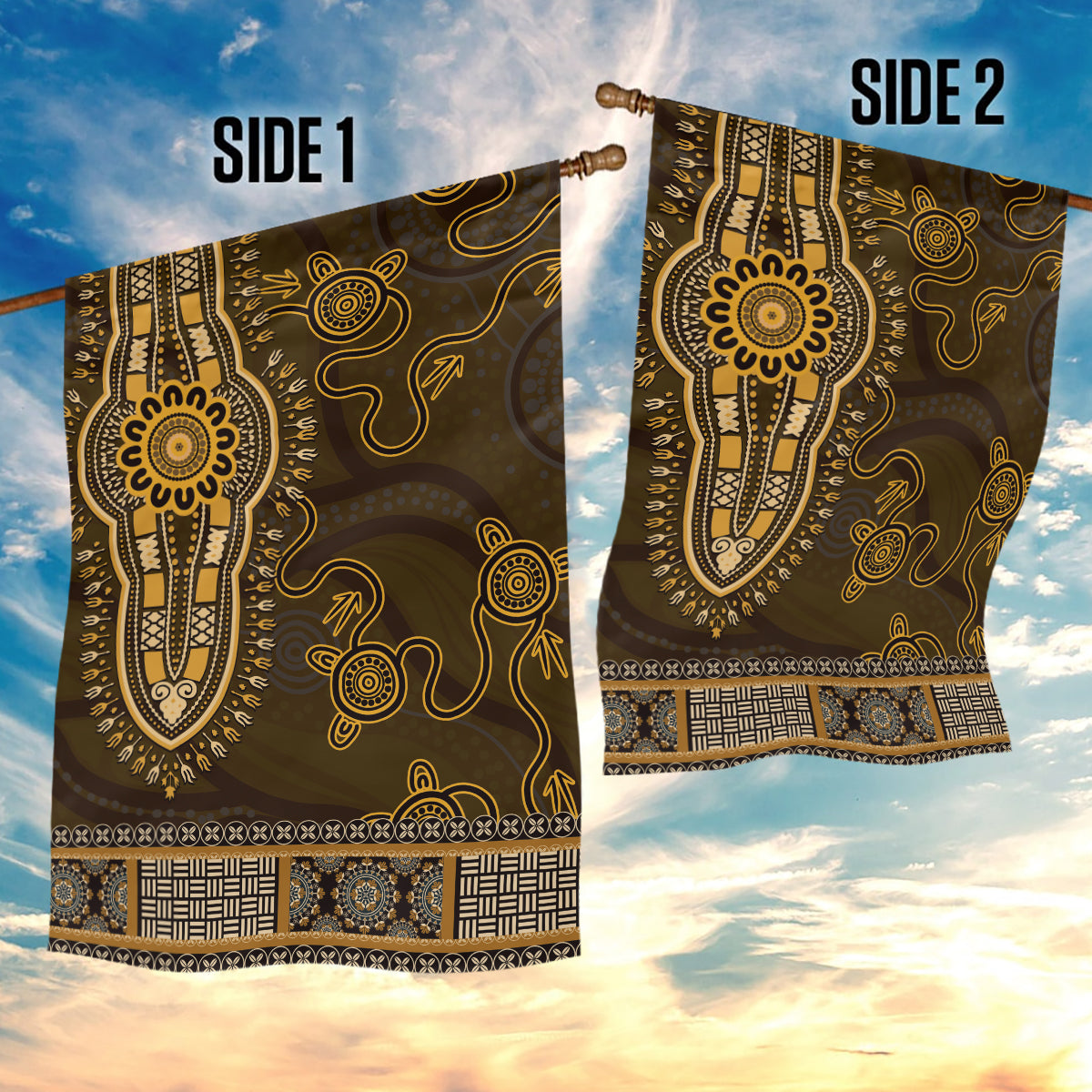 Gold African Dashiki With Australia Aboriginal Art Garden Flag - Vibe Hoodie Shop