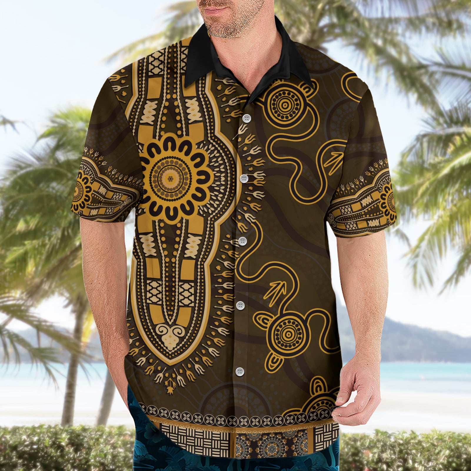 Gold African Dashiki With Australia Aboriginal Art Hawaiian Shirt - Vibe Hoodie Shop