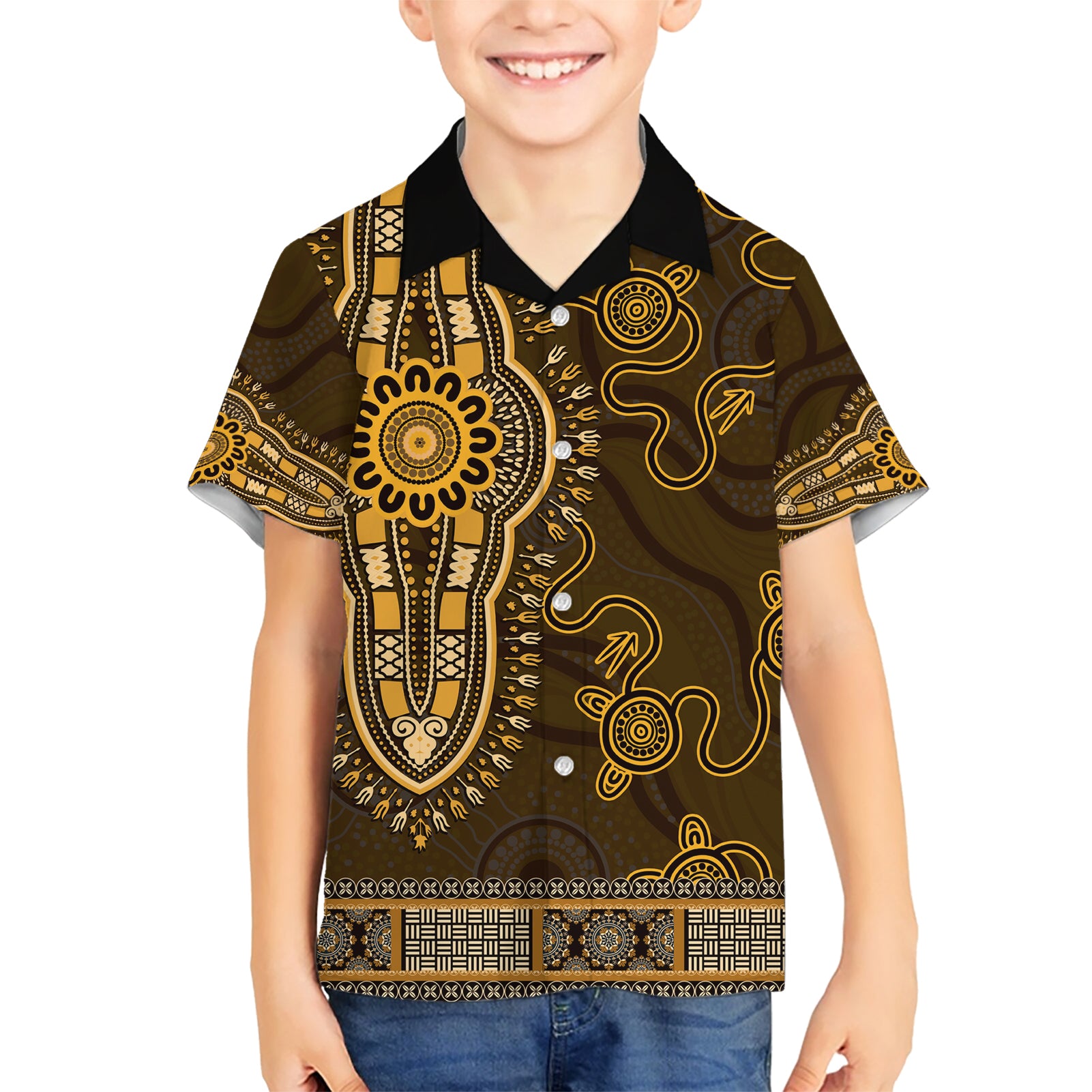 Gold African Dashiki With Australia Aboriginal Art Hawaiian Shirt - Vibe Hoodie Shop