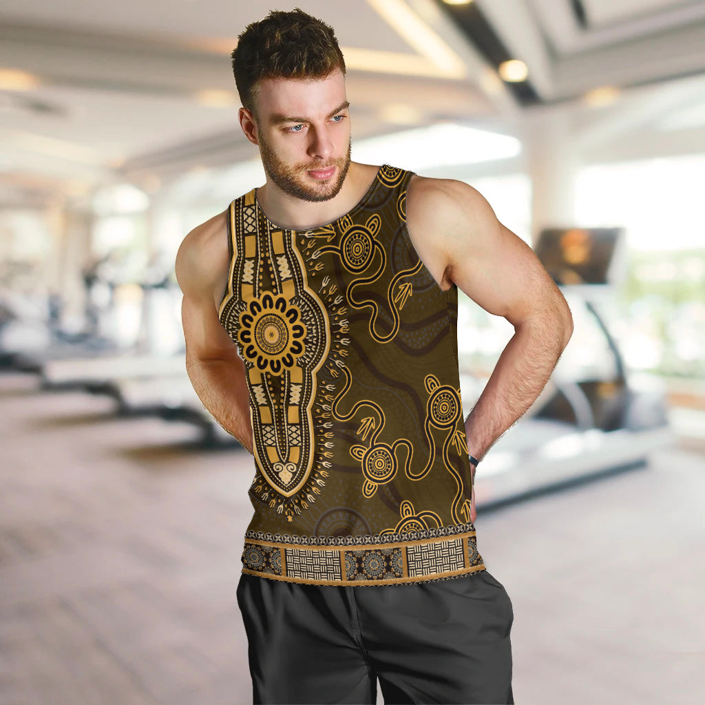 Gold African Dashiki With Australia Aboriginal Art Men Tank Top - Vibe Hoodie Shop
