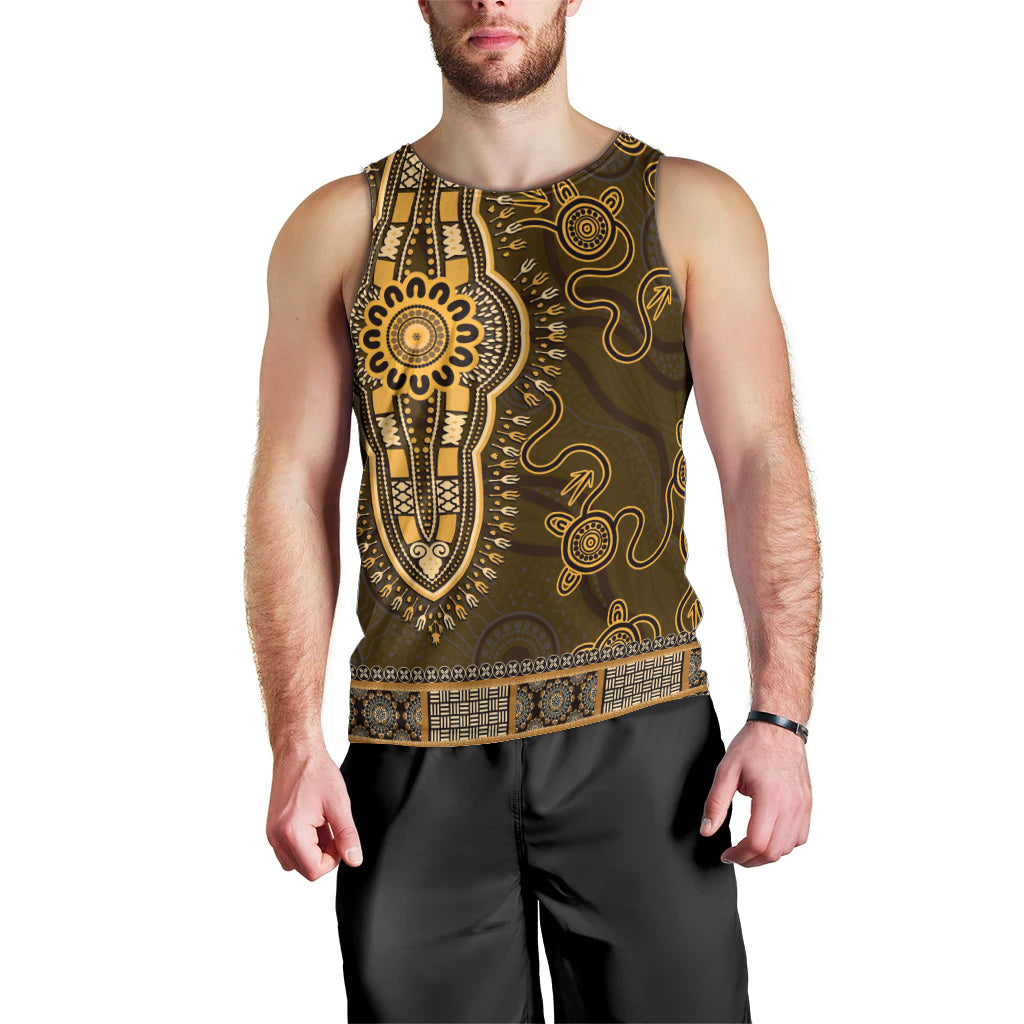 Gold African Dashiki With Australia Aboriginal Art Men Tank Top - Vibe Hoodie Shop