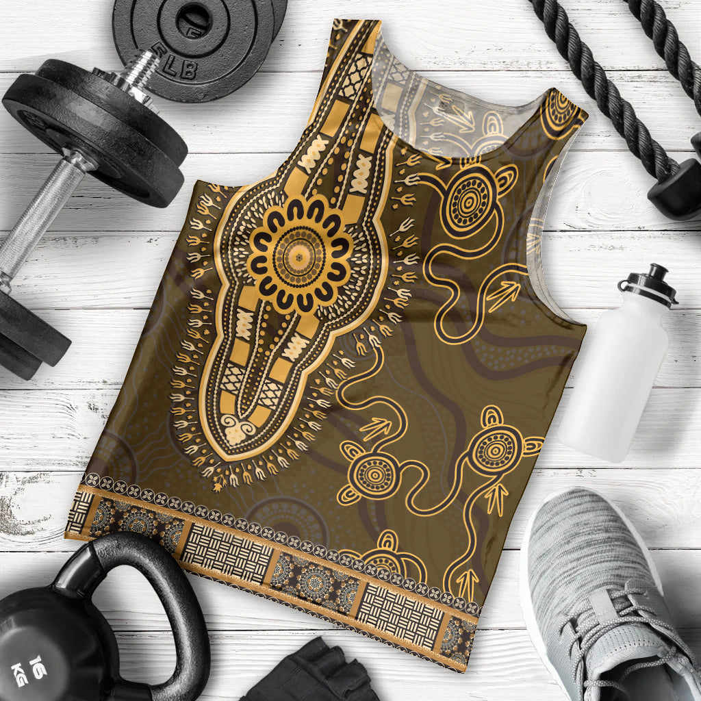 Gold African Dashiki With Australia Aboriginal Art Men Tank Top - Vibe Hoodie Shop