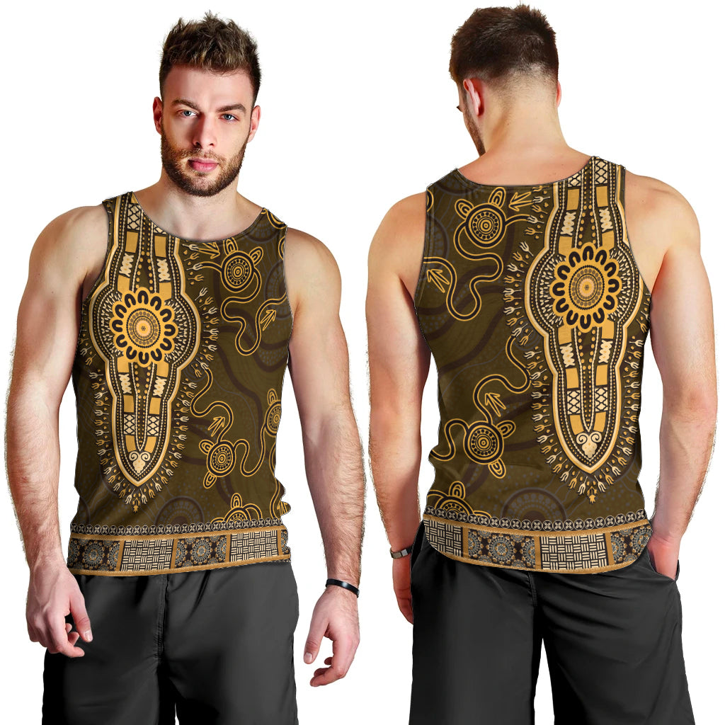Gold African Dashiki With Australia Aboriginal Art Men Tank Top - Vibe Hoodie Shop