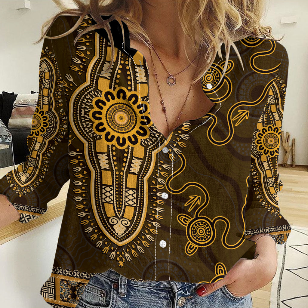 Gold African Dashiki With Australia Aboriginal Art Women Casual Shirt - Vibe Hoodie Shop