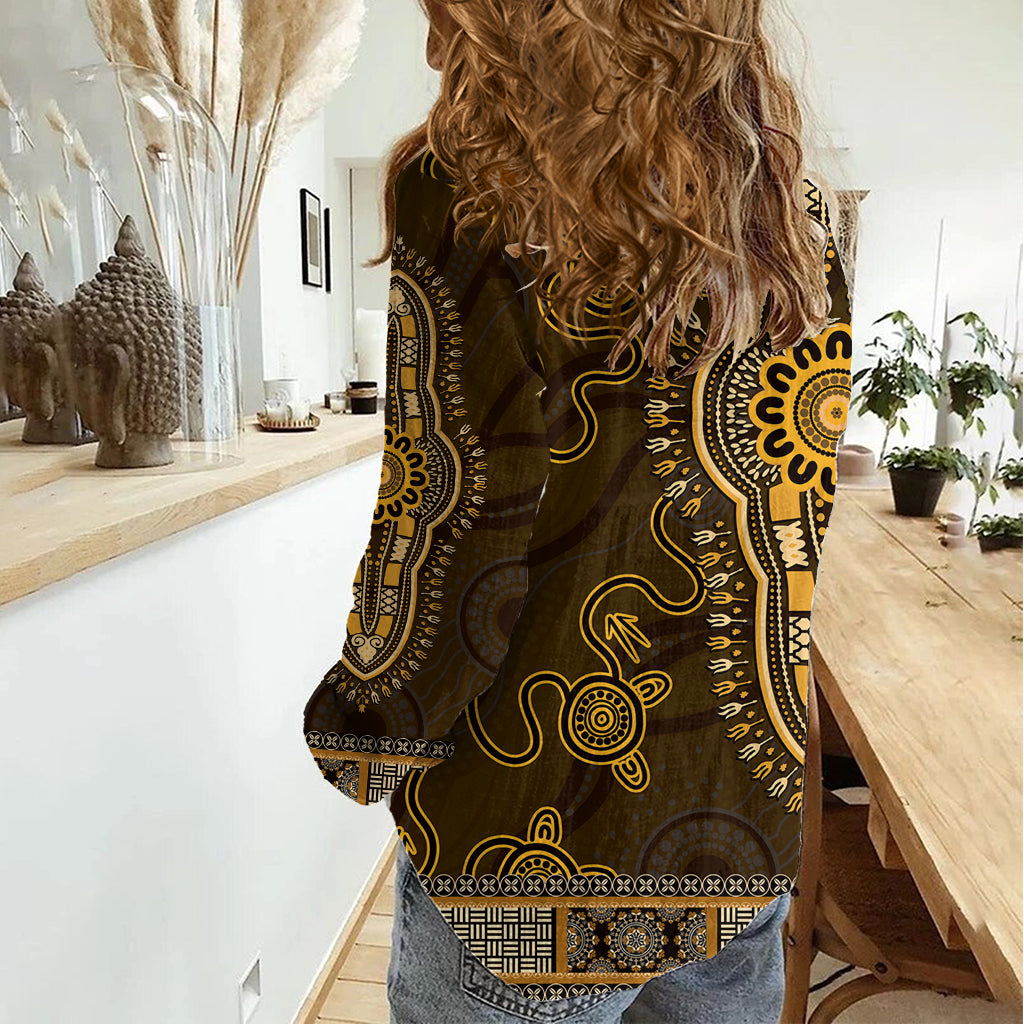 Gold African Dashiki With Australia Aboriginal Art Women Casual Shirt - Vibe Hoodie Shop