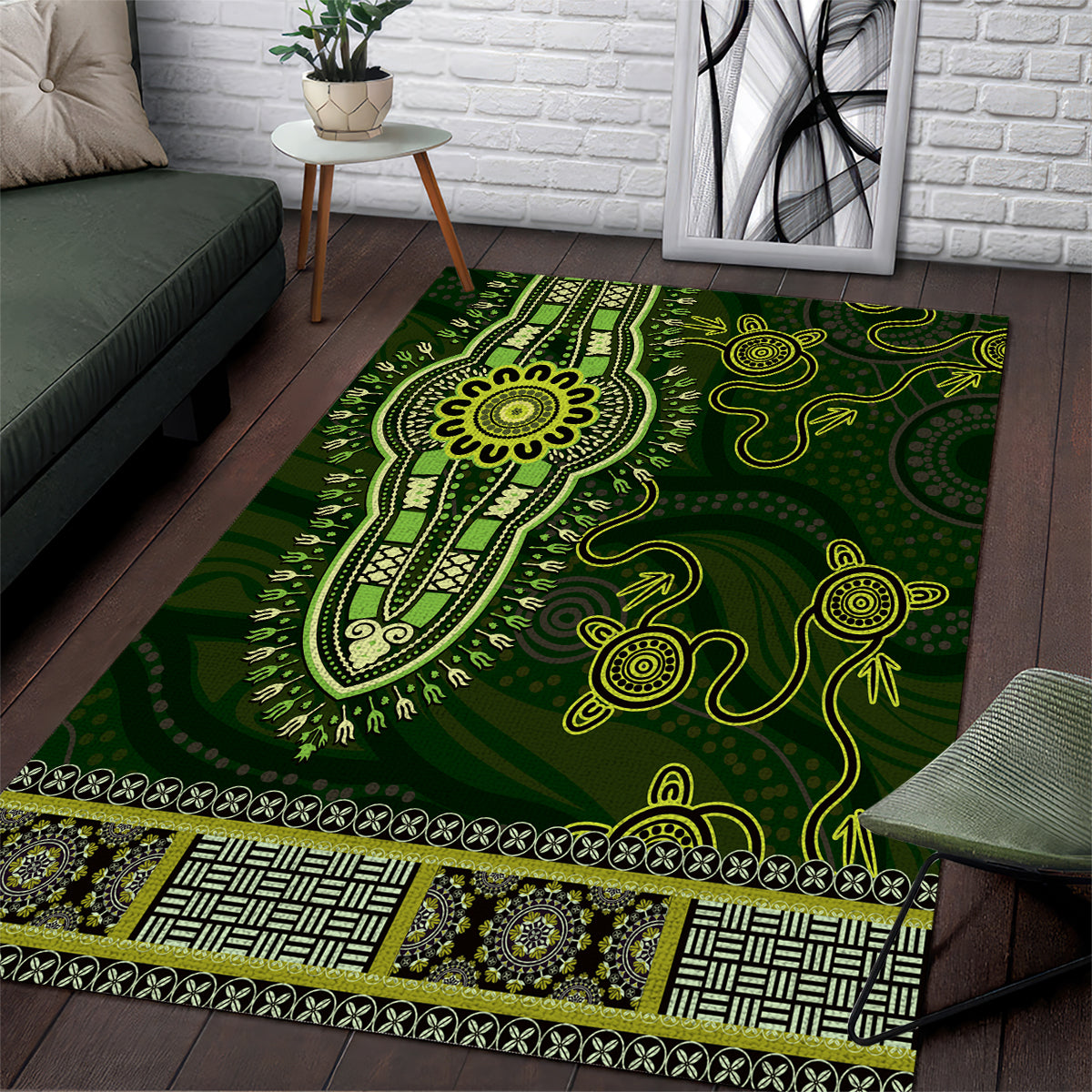 Lime Green African Dashiki With Australia Aboriginal Art Area Rug - Vibe Hoodie Shop