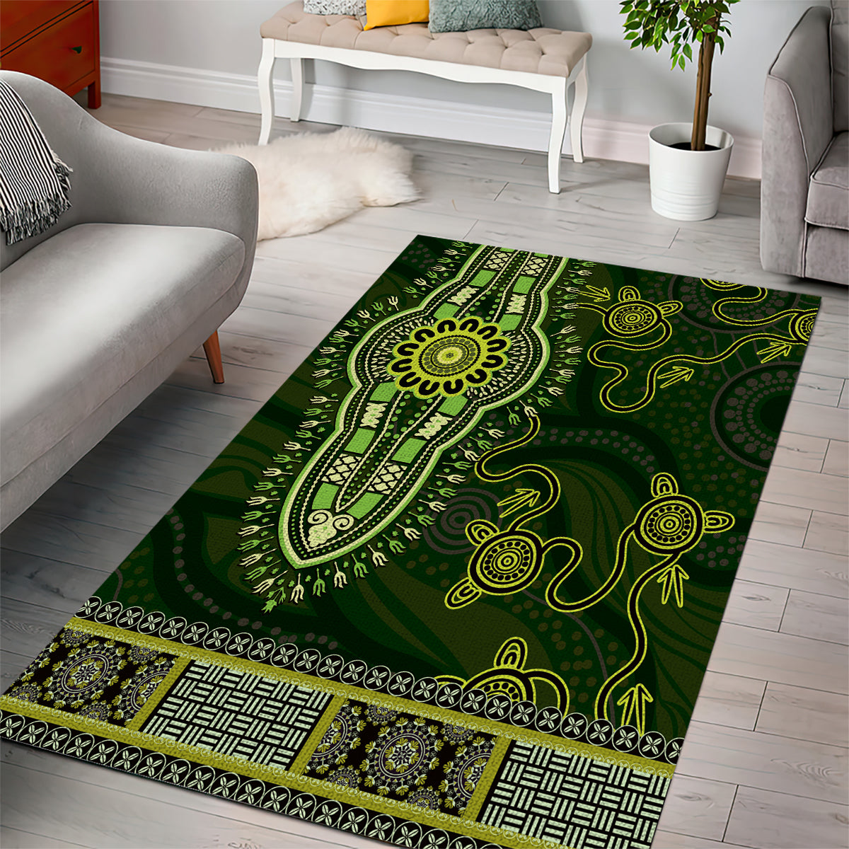 Lime Green African Dashiki With Australia Aboriginal Art Area Rug - Vibe Hoodie Shop