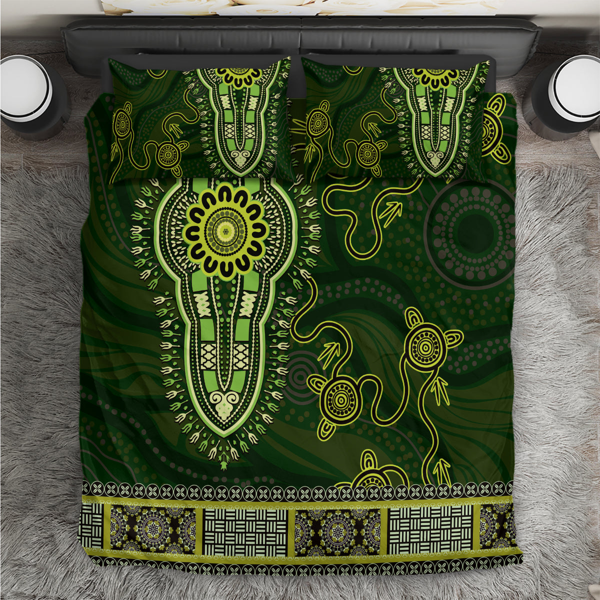Lime Green African Dashiki With Australia Aboriginal Art Bedding Set - Vibe Hoodie Shop