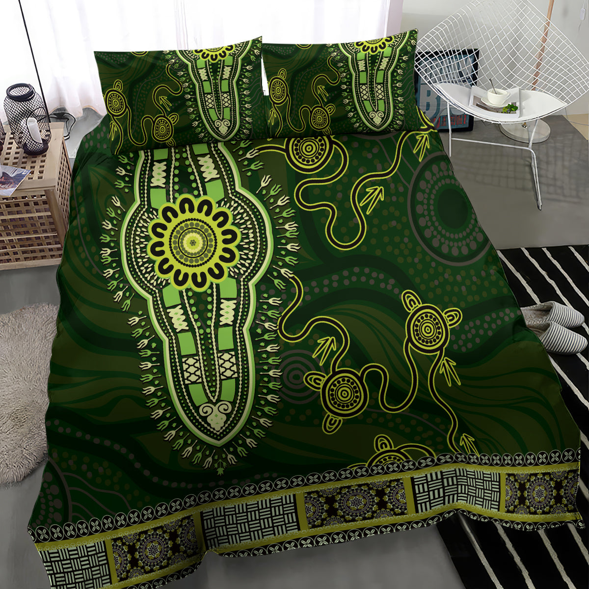 Lime Green African Dashiki With Australia Aboriginal Art Bedding Set - Vibe Hoodie Shop