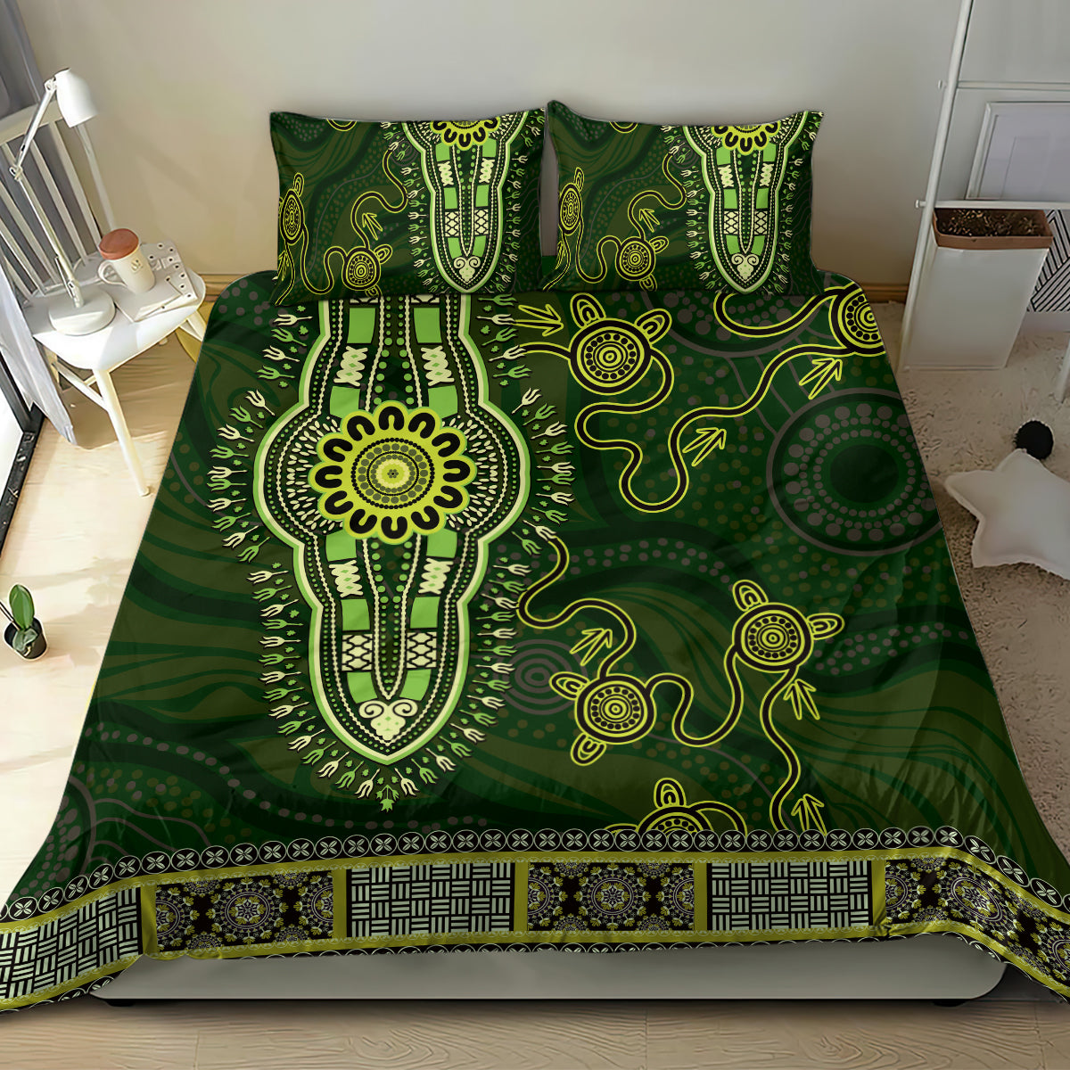Lime Green African Dashiki With Australia Aboriginal Art Bedding Set - Vibe Hoodie Shop