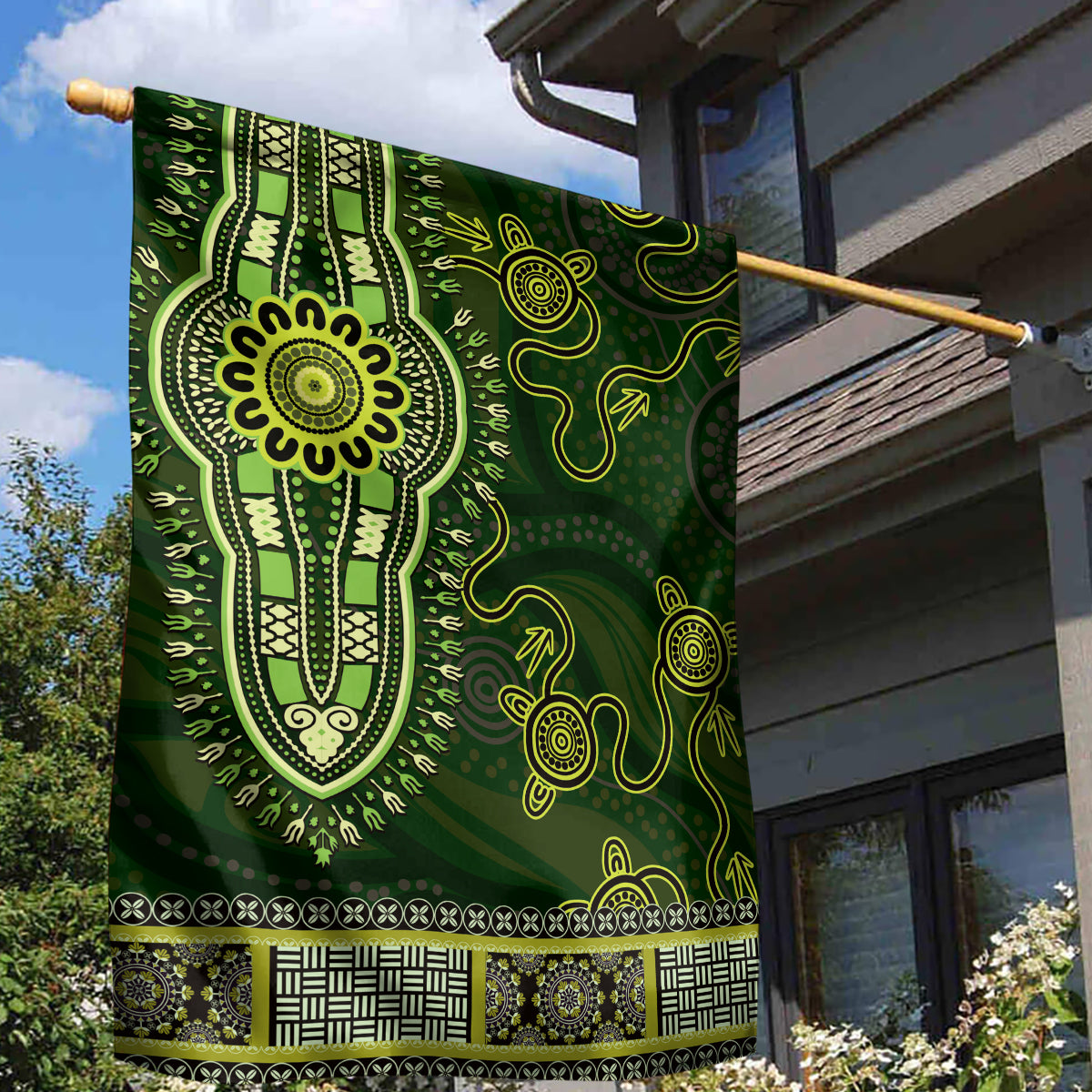 Lime Green African Dashiki With Australia Aboriginal Art Garden Flag - Vibe Hoodie Shop