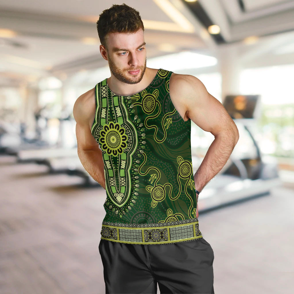 Lime Green African Dashiki With Australia Aboriginal Art Men Tank Top - Vibe Hoodie Shop