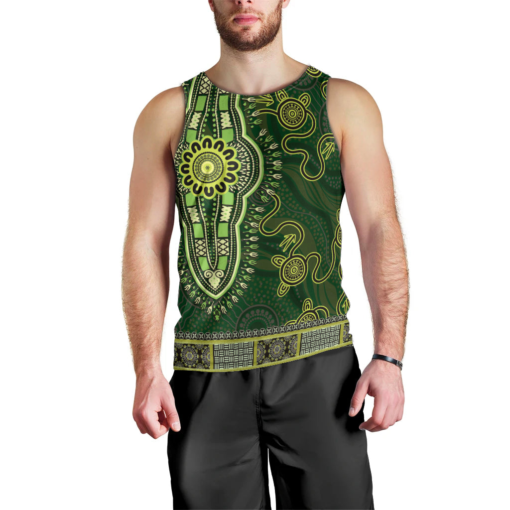 Lime Green African Dashiki With Australia Aboriginal Art Men Tank Top - Vibe Hoodie Shop