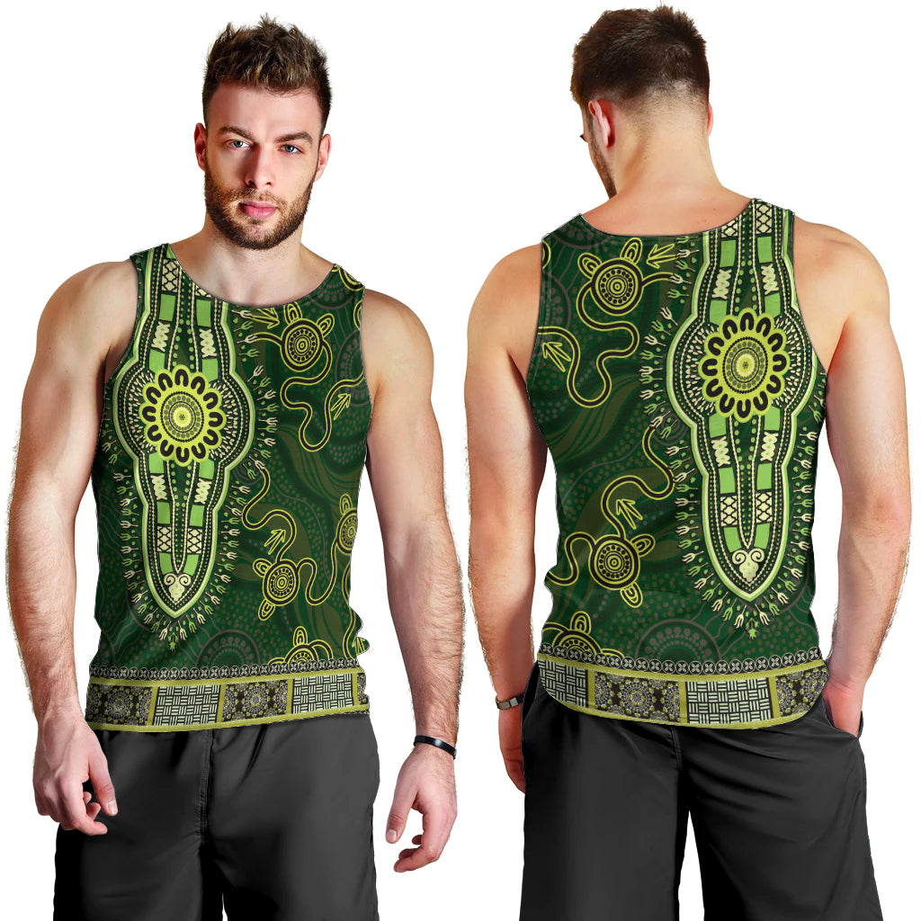 Lime Green African Dashiki With Australia Aboriginal Art Men Tank Top - Vibe Hoodie Shop