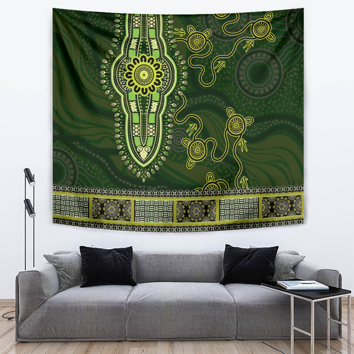 Lime Green African Dashiki With Australia Aboriginal Art Tapestry - Vibe Hoodie Shop