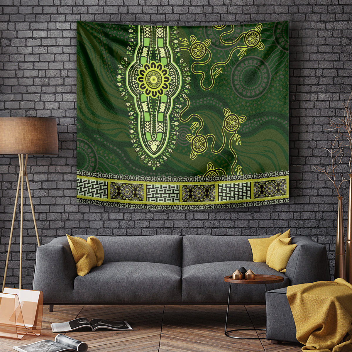 Lime Green African Dashiki With Australia Aboriginal Art Tapestry - Vibe Hoodie Shop