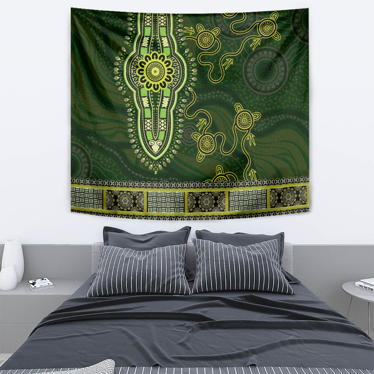 Lime Green African Dashiki With Australia Aboriginal Art Tapestry - Vibe Hoodie Shop