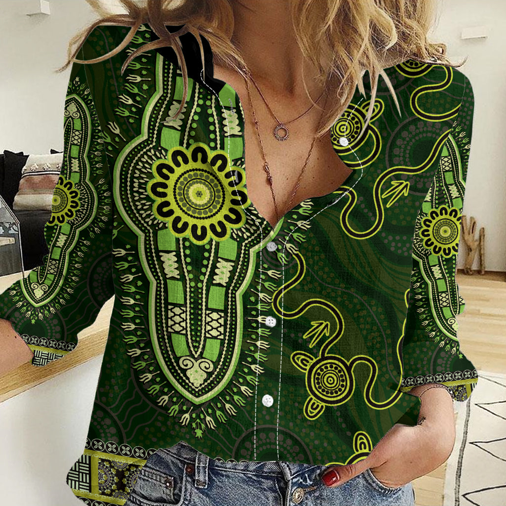 Lime Green African Dashiki With Australia Aboriginal Art Women Casual Shirt - Vibe Hoodie Shop