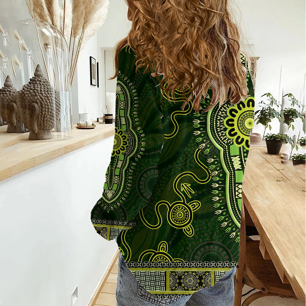 Lime Green African Dashiki With Australia Aboriginal Art Women Casual Shirt - Vibe Hoodie Shop