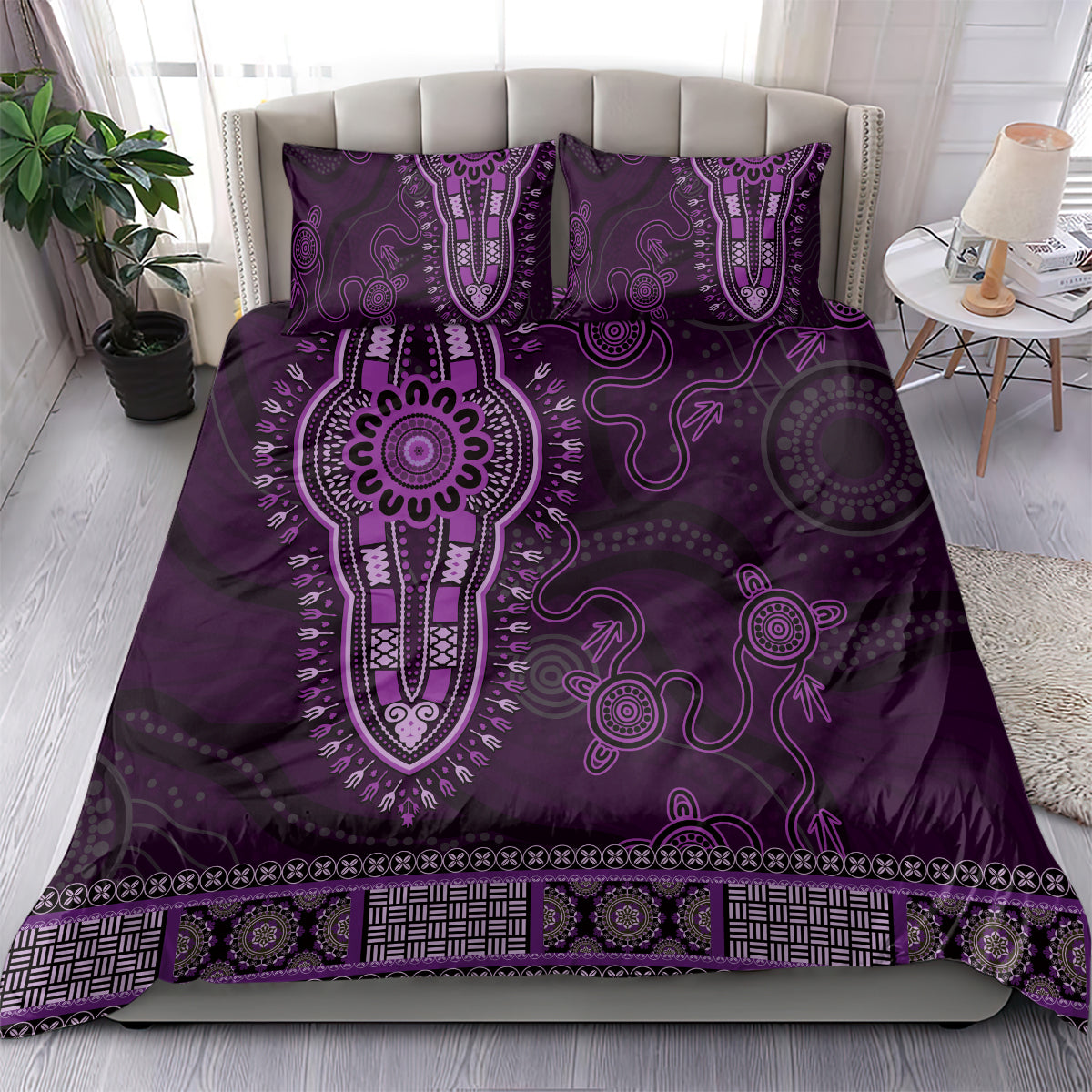 Purple African Dashiki With Australia Aboriginal Art Bedding Set - Vibe Hoodie Shop