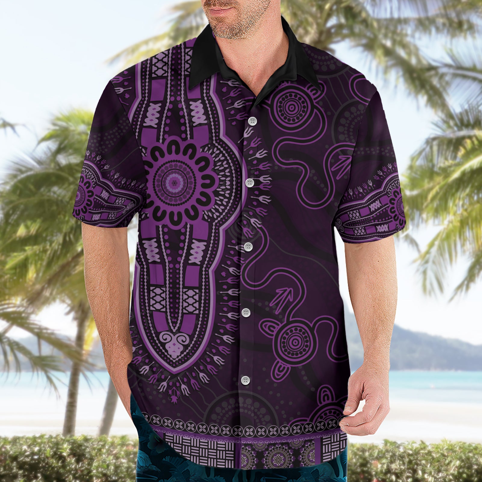 Purple African Dashiki With Australia Aboriginal Art Hawaiian Shirt - Vibe Hoodie Shop