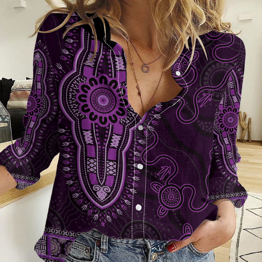 Purple African Dashiki With Australia Aboriginal Art Women Casual Shirt - Vibe Hoodie Shop
