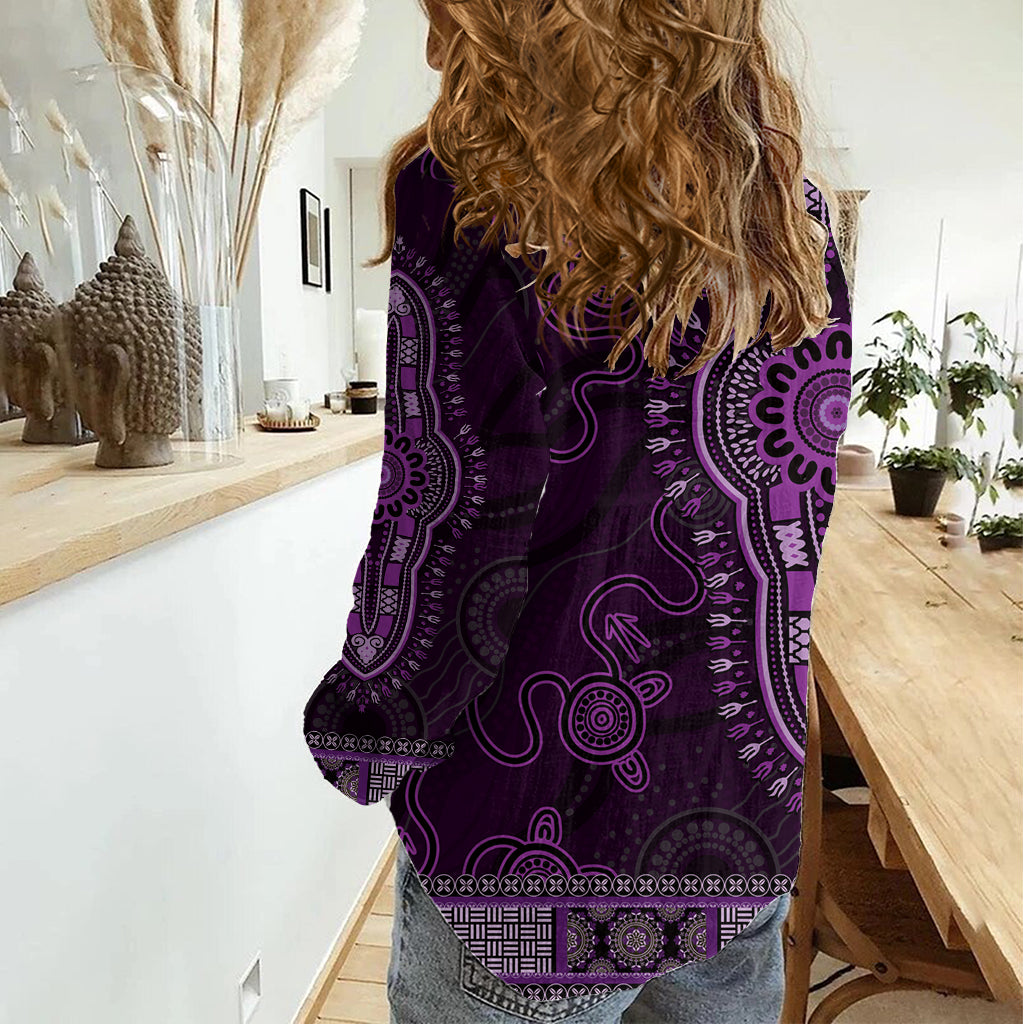Purple African Dashiki With Australia Aboriginal Art Women Casual Shirt - Vibe Hoodie Shop