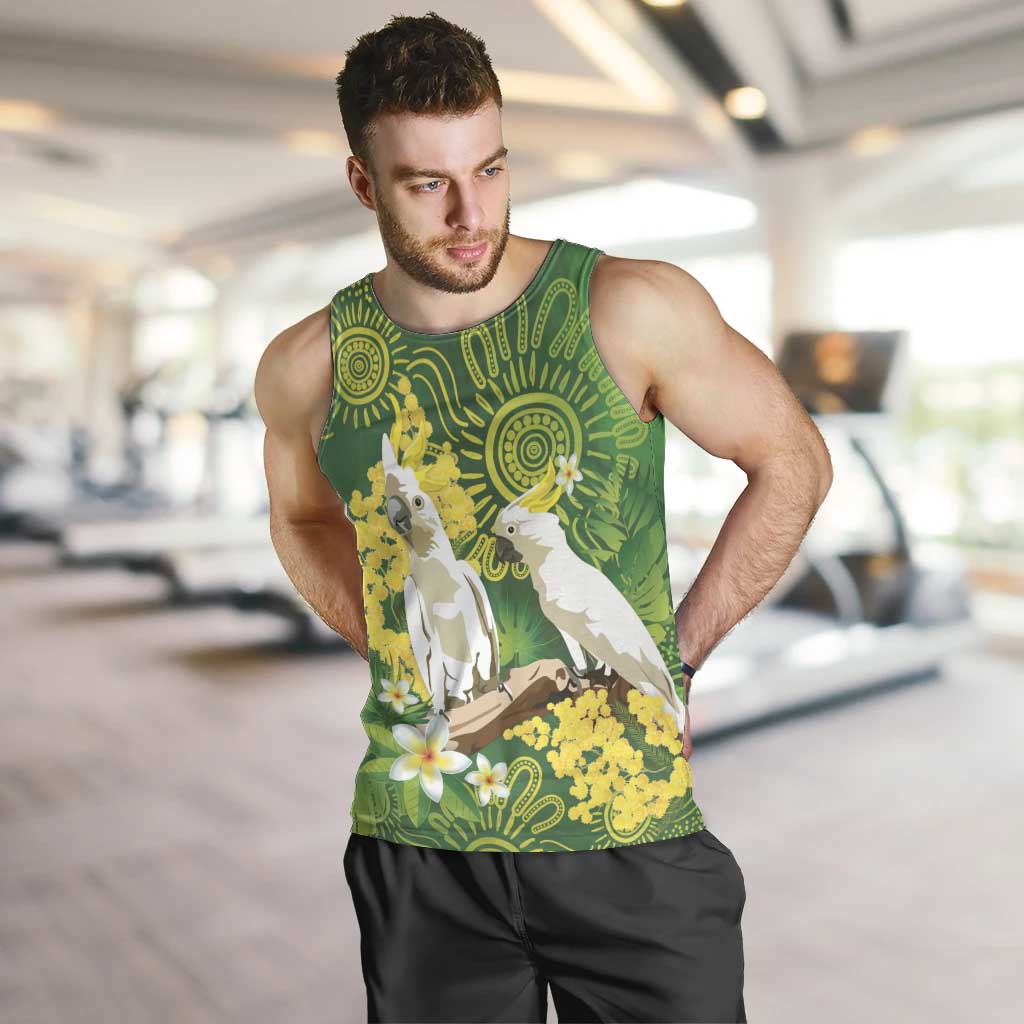 Personalised Australia Golden Wattle And Cacatua Galerita Men Tank Top Aboriginal Art - Vibe Hoodie Shop
