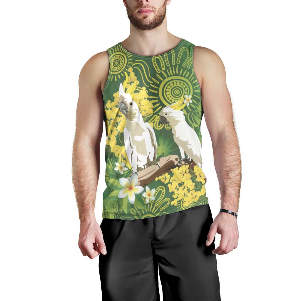 Personalised Australia Golden Wattle And Cacatua Galerita Men Tank Top Aboriginal Art - Vibe Hoodie Shop