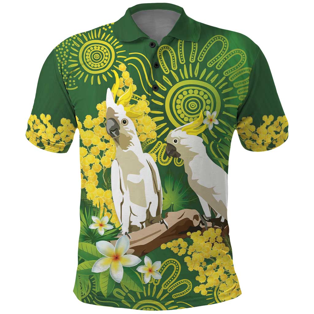 Personalised Australia Golden Wattle And Cacatua Galerita Polo Shirt Aboriginal Art - Vibe Hoodie Shop