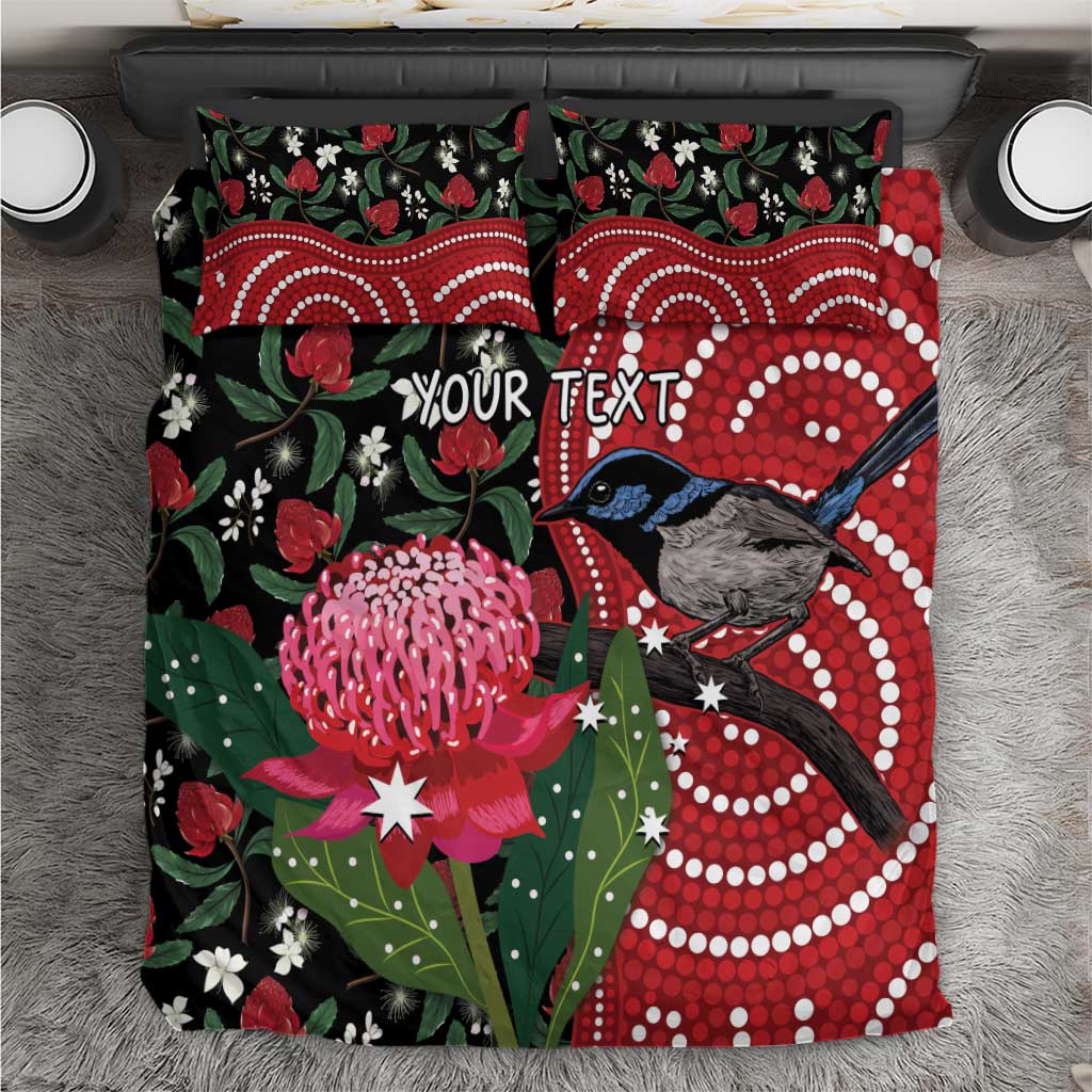 Personalised Australia Waratah And Superb Fairywren Bedding Set Aboriginal Art - Vibe Hoodie Shop