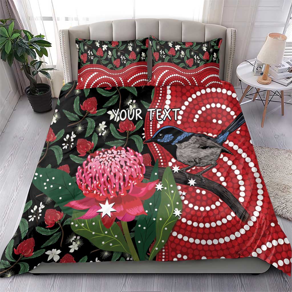 Personalised Australia Waratah And Superb Fairywren Bedding Set Aboriginal Art - Vibe Hoodie Shop