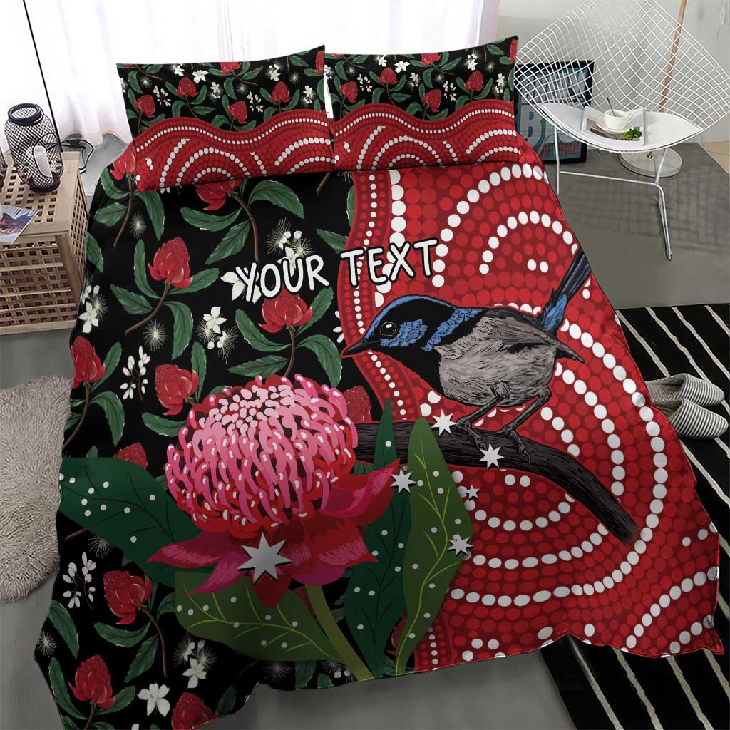Personalised Australia Waratah And Superb Fairywren Bedding Set Aboriginal Art - Vibe Hoodie Shop
