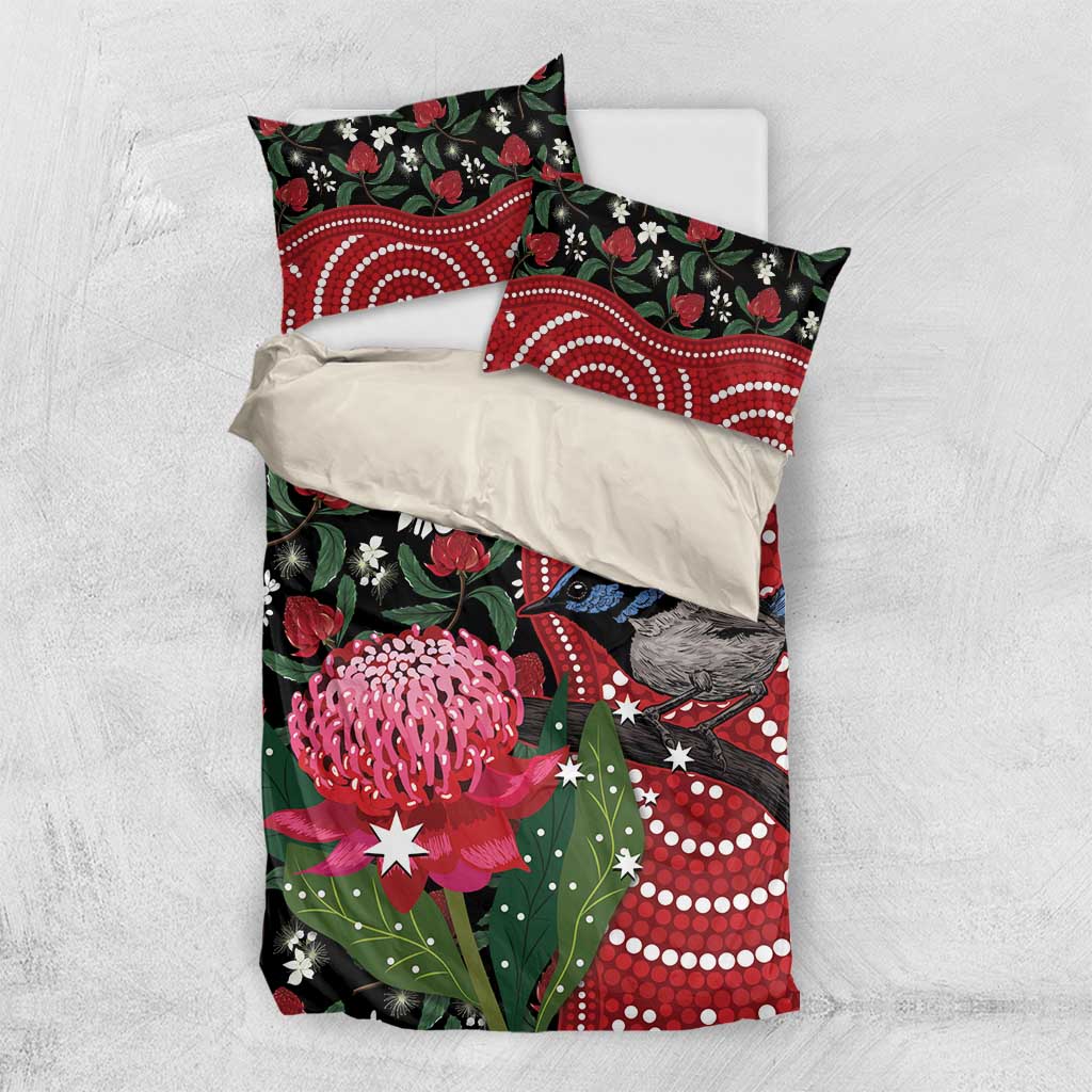 Personalised Australia Waratah And Superb Fairywren Bedding Set Aboriginal Art - Vibe Hoodie Shop