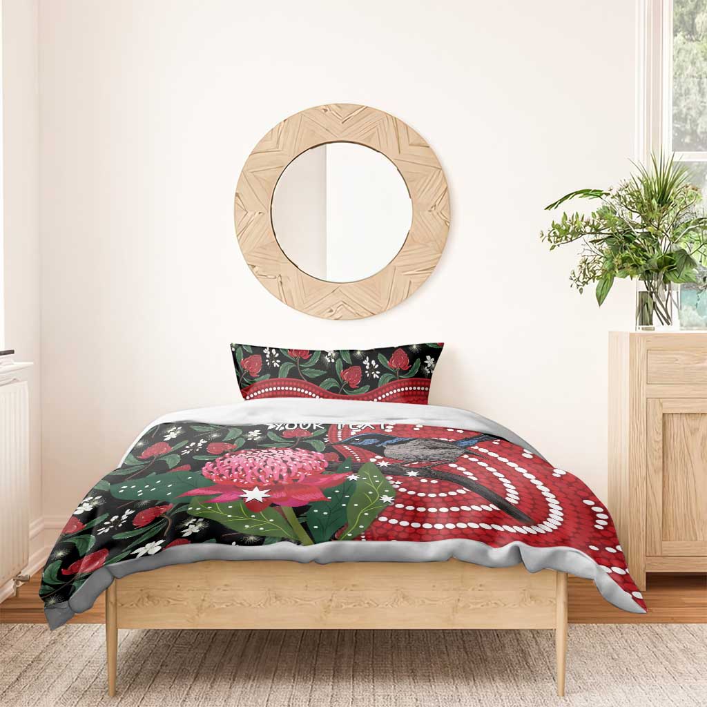 Personalised Australia Waratah And Superb Fairywren Bedding Set Aboriginal Art - Vibe Hoodie Shop