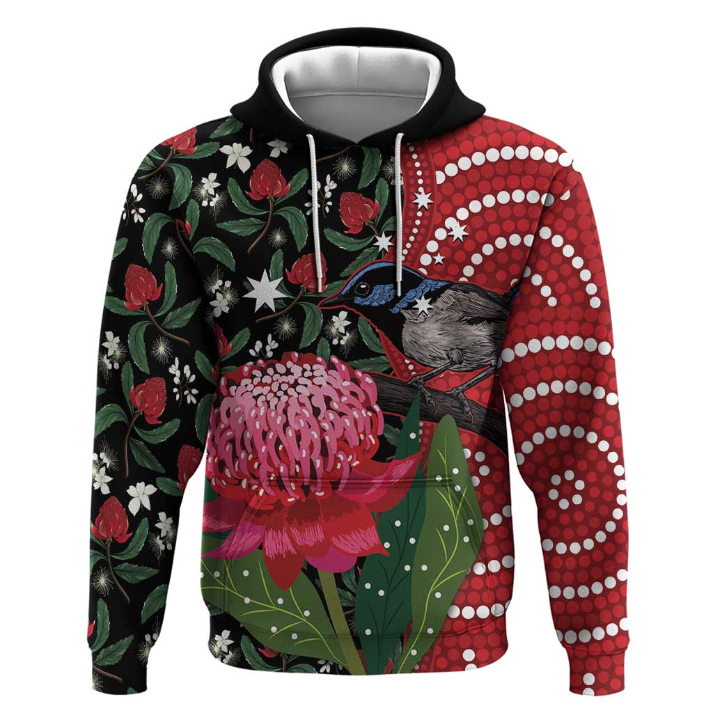 Personalised Australia Waratah And Superb Fairywren Hoodie Aboriginal Art - Vibe Hoodie Shop