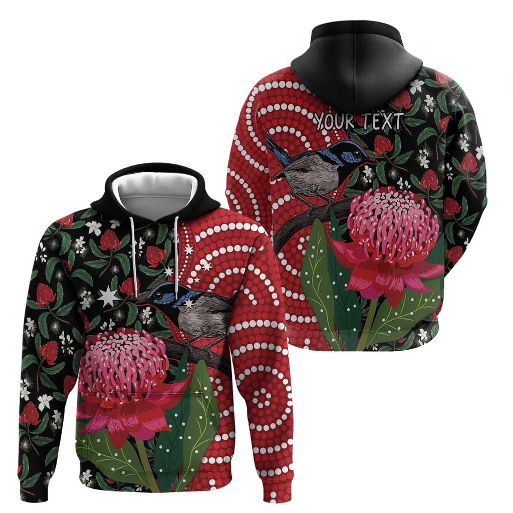 Personalised Australia Waratah And Superb Fairywren Hoodie Aboriginal Art - Vibe Hoodie Shop