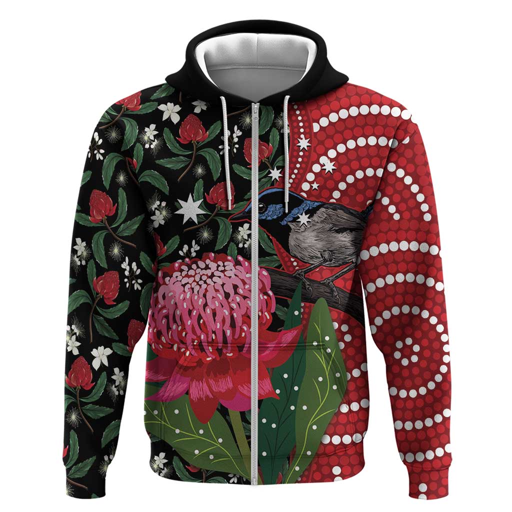 Personalised Australia Waratah And Superb Fairywren Hoodie Aboriginal Art - Vibe Hoodie Shop