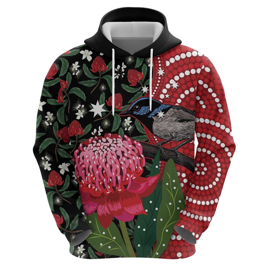 Personalised Australia Waratah And Superb Fairywren Hoodie Aboriginal Art - Vibe Hoodie Shop