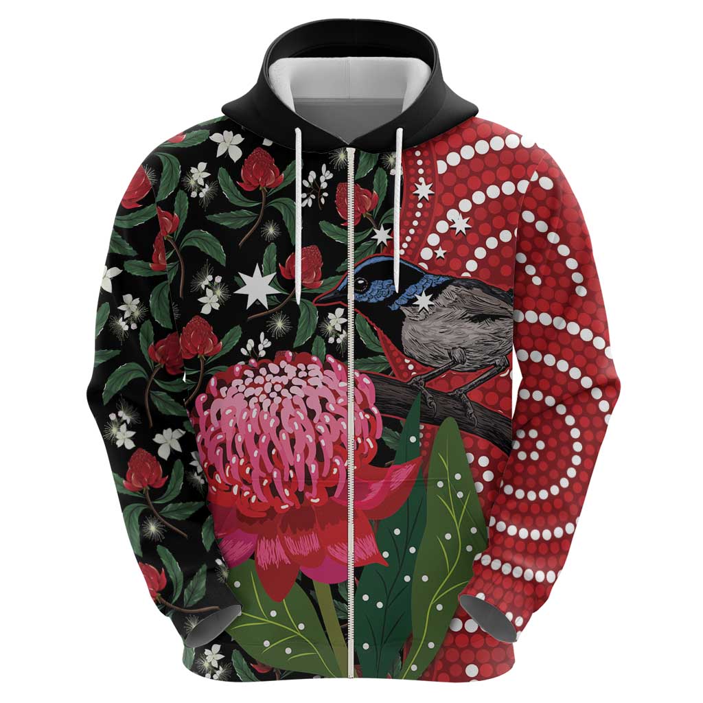 Personalised Australia Waratah And Superb Fairywren Hoodie Aboriginal Art - Vibe Hoodie Shop