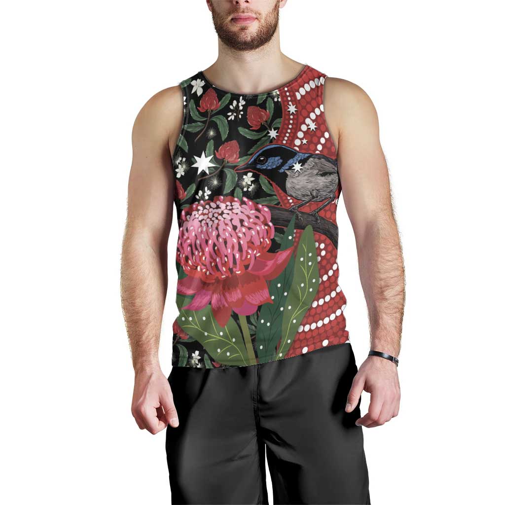 Personalised Australia Waratah And Superb Fairywren Men Tank Top Aboriginal Art - Vibe Hoodie Shop