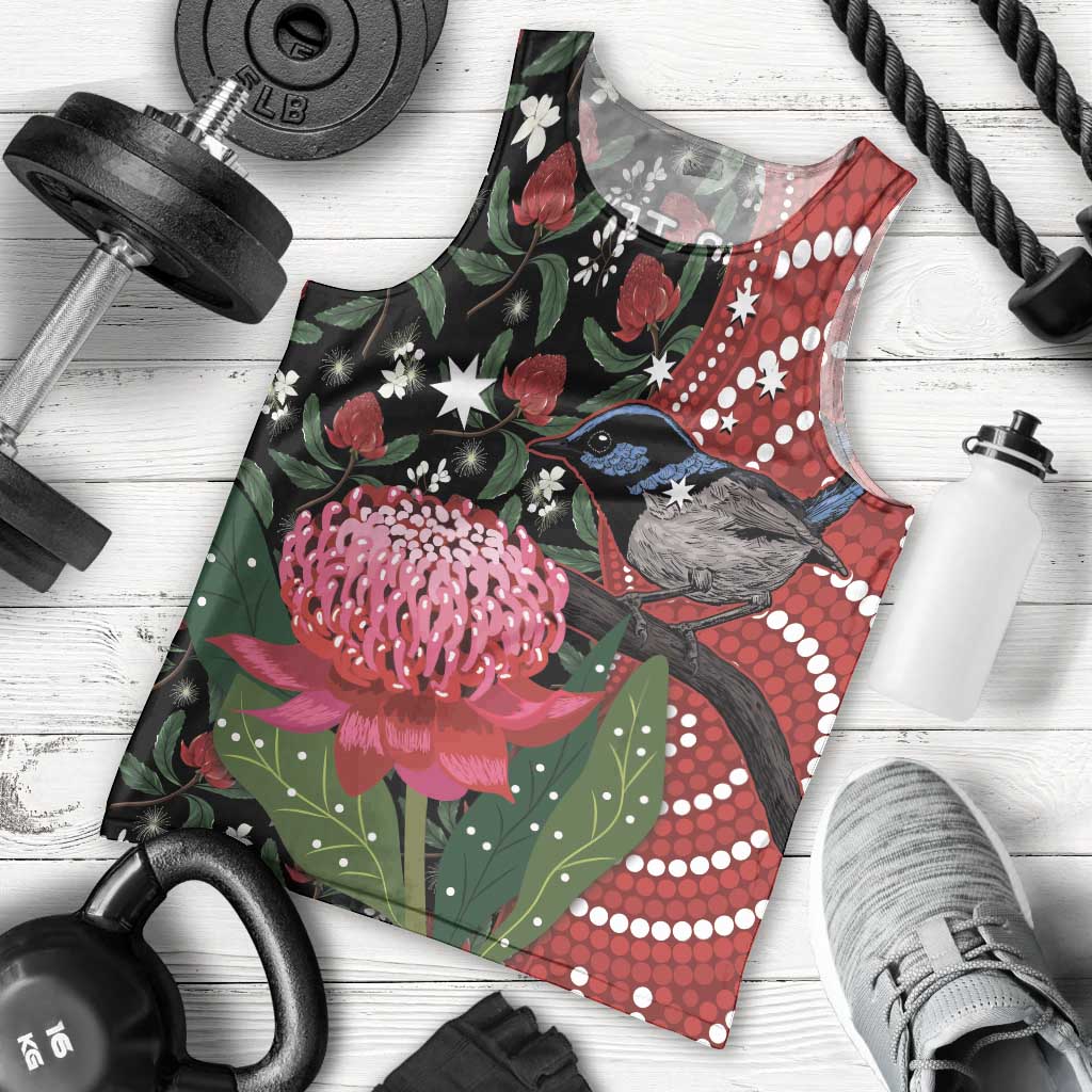 Personalised Australia Waratah And Superb Fairywren Men Tank Top Aboriginal Art - Vibe Hoodie Shop