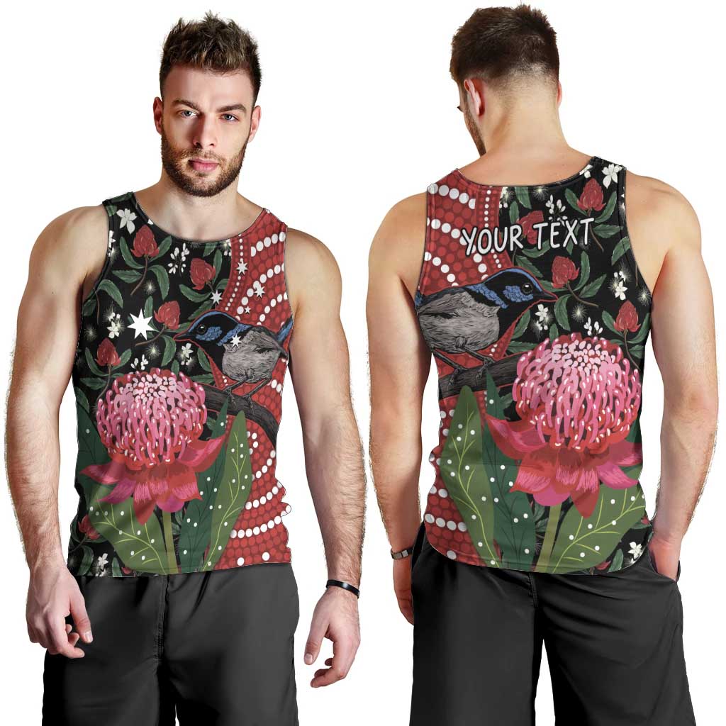 Personalised Australia Waratah And Superb Fairywren Men Tank Top Aboriginal Art - Vibe Hoodie Shop